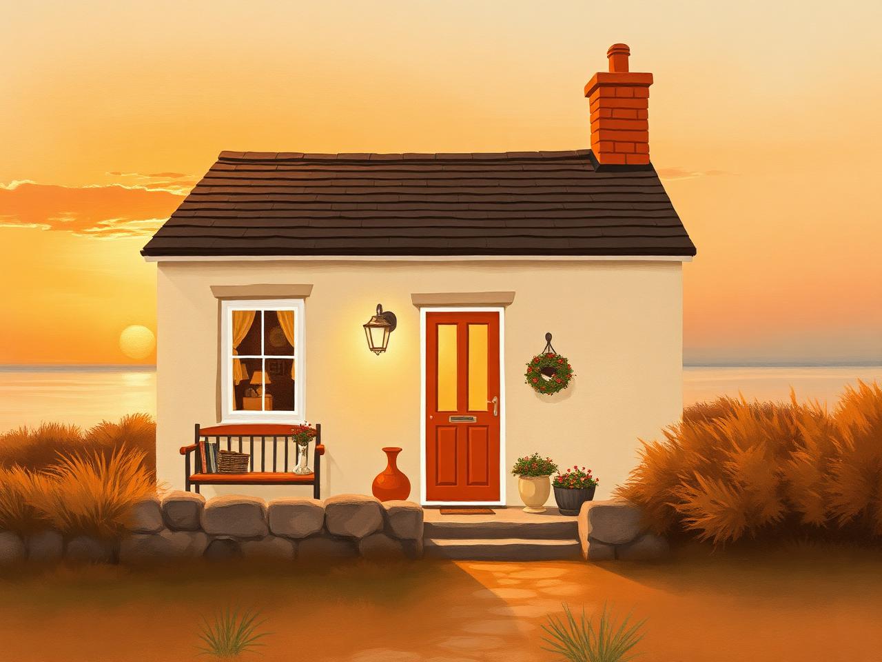 Warm illustrated seaside cottage at sunset